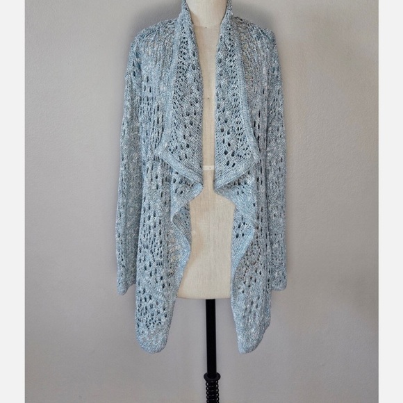 St. John Crochet Knit Open Front Cardigan Pale Blue Sz Small Coastal Grandma - Picture 3 of 14